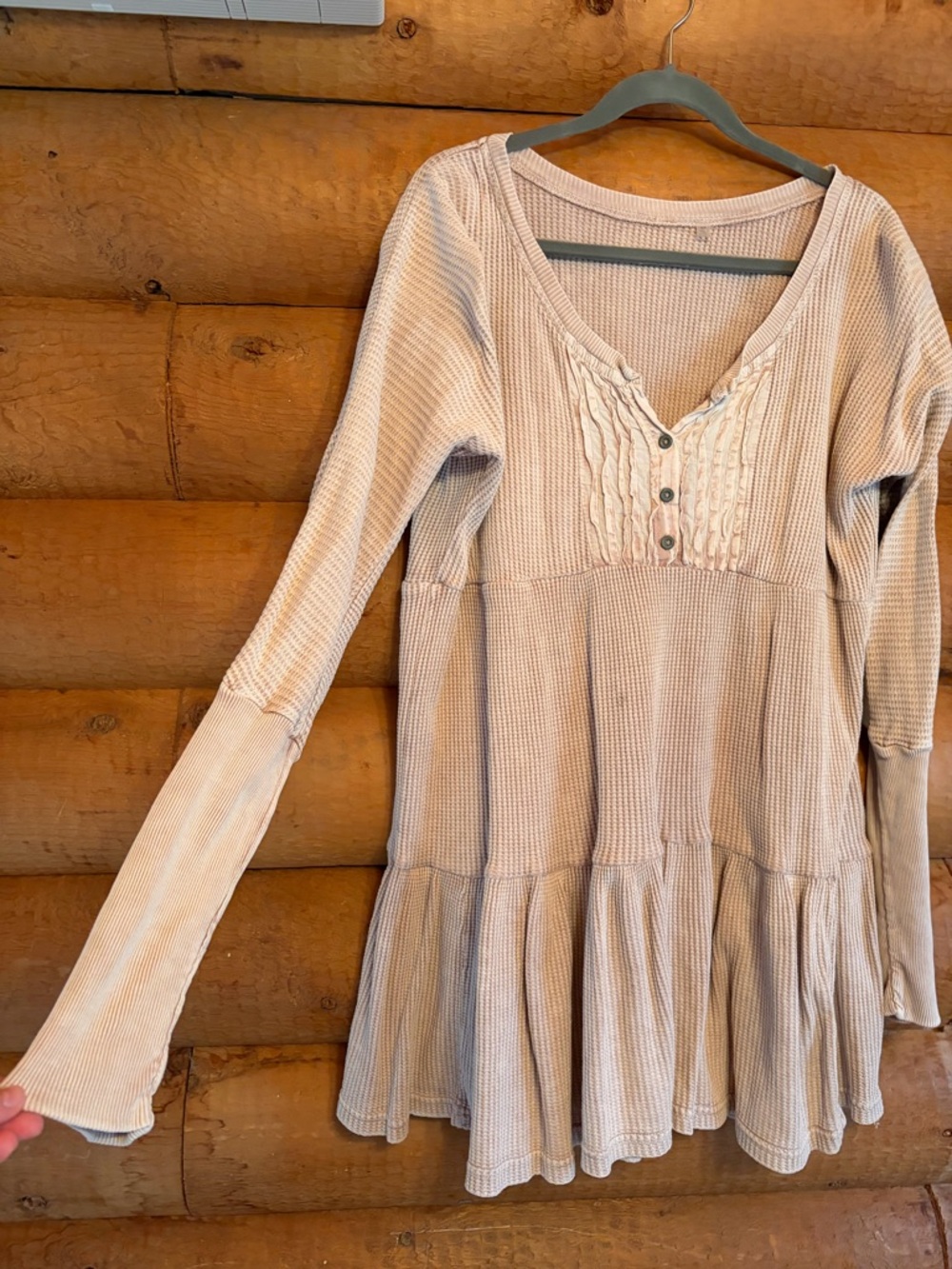 Free People Long Sleeve Tiered Babydoll Waffle Knit Dress in Light Beige